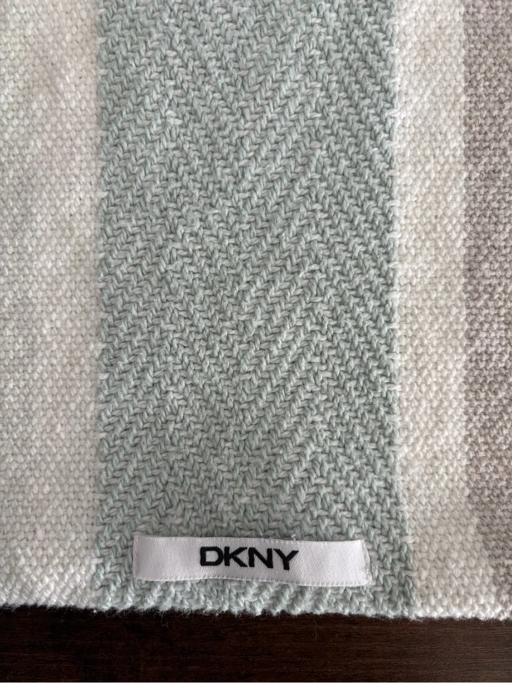 DKNY Decorative Throw Pillow Cover Sage Green Beige Striped Fringe 21x21
